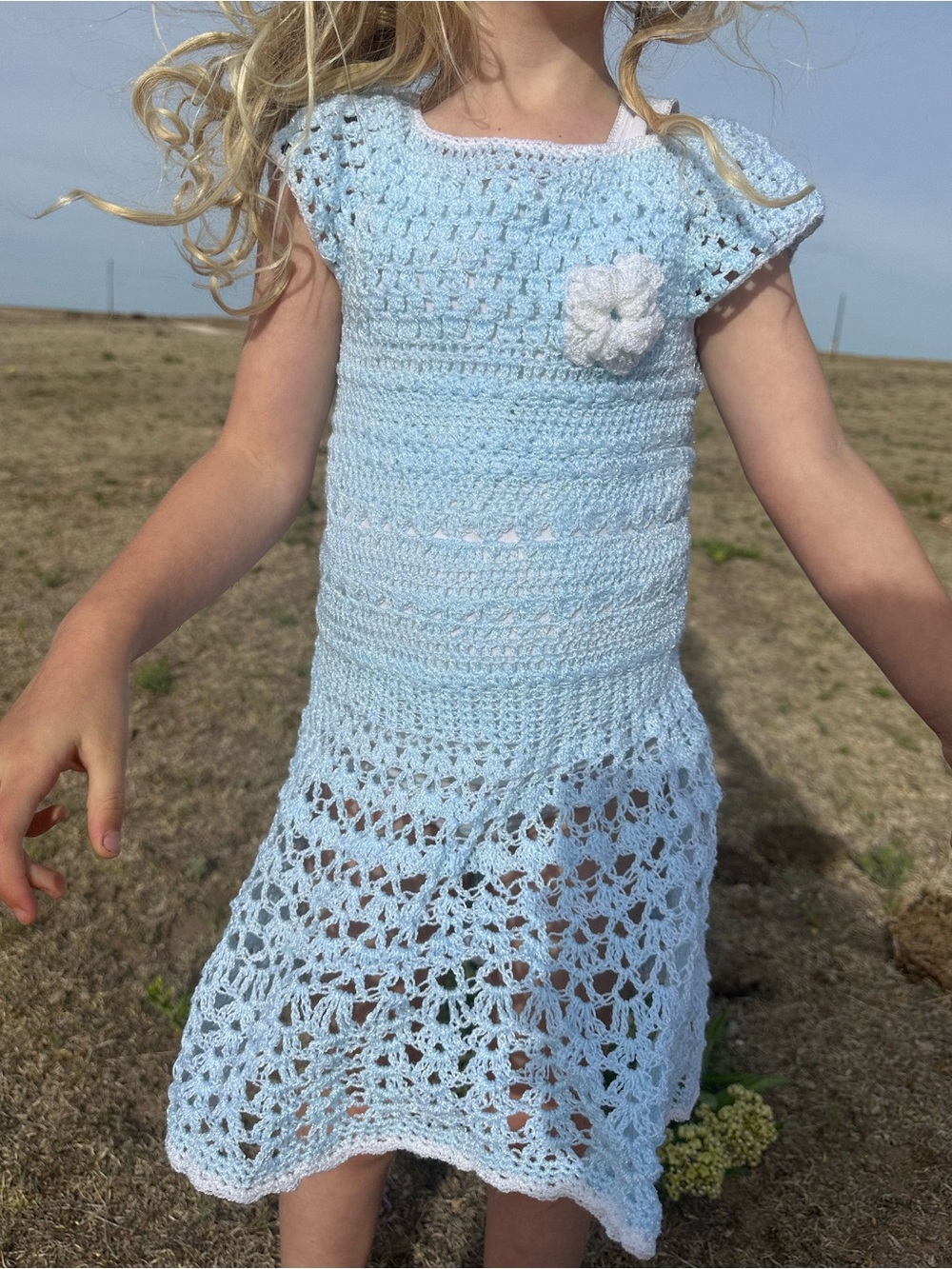 Hand Crocheted Blue Dress Floral Boho Toddler 3T 4T Handmade Cottage